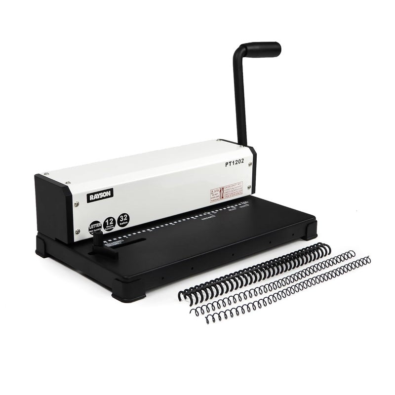 RAYSON PT1202 Coil Binding Machine, 3:1 Pitch, 32 Hole Punch for Spiral & Click Binding Spines, Metal Spiral Binder Hole Punch, Punches 12 Sheets at a Time - Image 1
